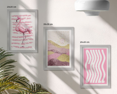 Set 3 tablouri Peisaj montan pastelat cu flamingi roz, litere Chill
