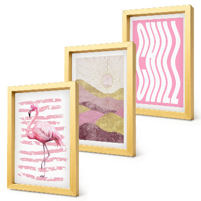 Set 3 tablouri Peisaj montan pastelat cu flamingi roz, litere Chill