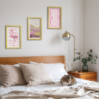 Set 3 tablouri Peisaj montan pastelat cu flamingi roz, litere Chill