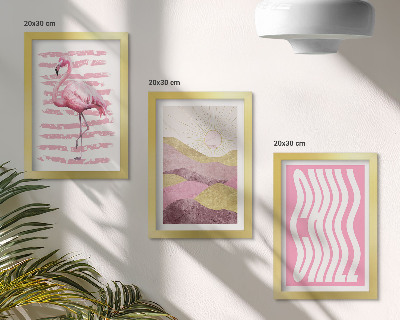Set 3 tablouri Peisaj montan pastelat cu flamingi roz, litere Chill