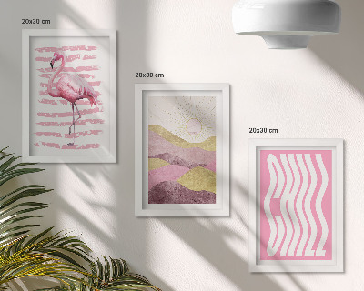 Set 3 tablouri Peisaj montan pastelat cu flamingi roz, litere Chill