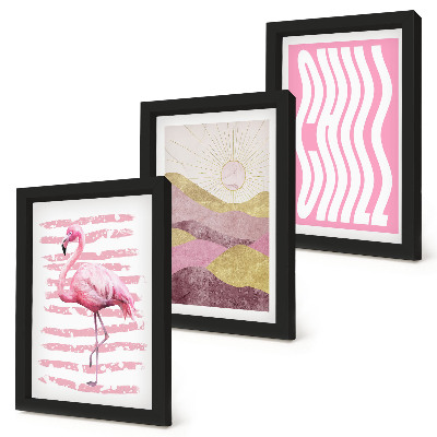 Set 3 tablouri Peisaj montan pastelat cu flamingi roz, litere Chill