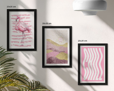 Set 3 tablouri Peisaj montan pastelat cu flamingi roz, litere Chill