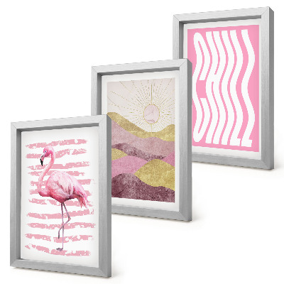 Set 3 tablouri Peisaj montan pastelat cu flamingi roz, litere Chill
