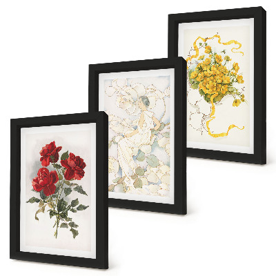 Set 3 tablouri Trandafiri roșii, figură albă, flori galbene într-o vază