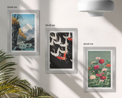 Galerie de perete Munți cu cascadă, păsări în zbor și flori colorate