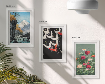 Galerie de perete Munți cu cascadă, păsări în zbor și flori colorate
