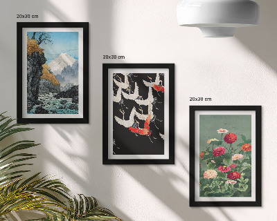 Galerie de perete Munți cu cascadă, păsări în zbor și flori colorate