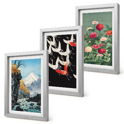 Galerie de perete Munți cu cascadă, păsări în zbor și flori colorate