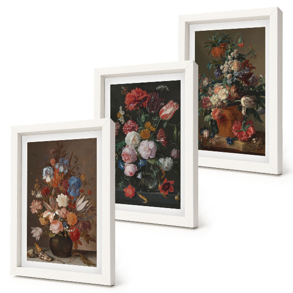 Set 3 tablouri Flori în vaze, diverse compoziții de plante vintage