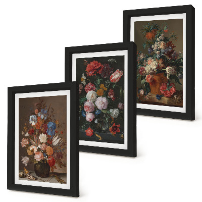 Set 3 tablouri Flori în vaze, diverse compoziții de plante vintage