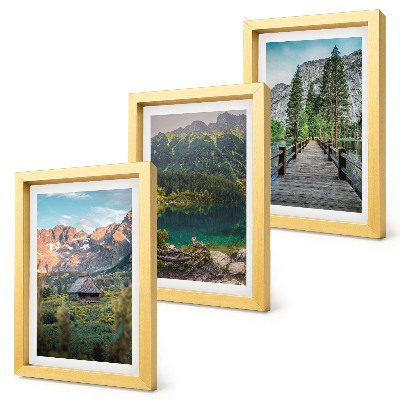 Set 3 tablouri Peisaje montane cu un lac și un dig de lemn