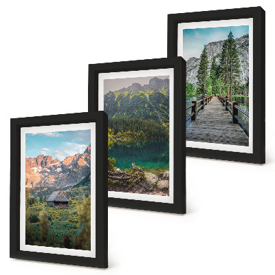 Set 3 tablouri Peisaje montane cu un lac și un dig de lemn