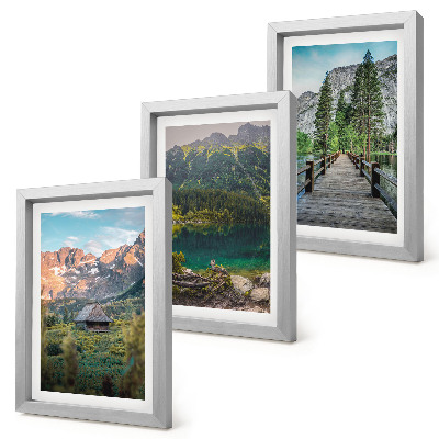 Set 3 tablouri Peisaje montane cu un lac și un dig de lemn