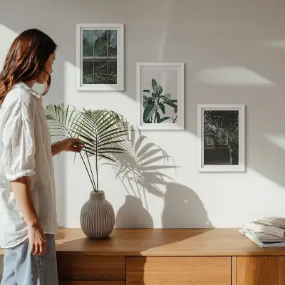 Galerie de perete cu frunze verzi pe fereastră și plante în interior