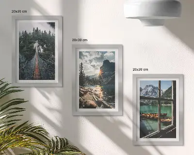 Set 3 tablouri cu pod în lacul pădurii, vedere la munte și bărci