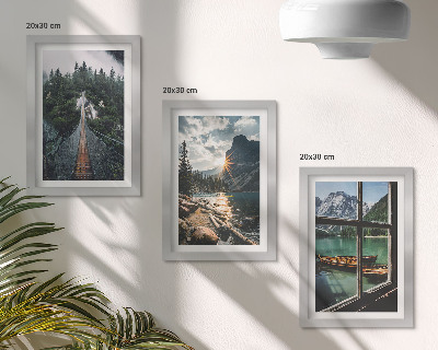 Set 3 tablouri Pod în lacul pădurii cu vedere la munte cu bărci