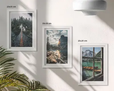 Set 3 tablouri cu pod în lacul pădurii, vedere la munte și bărci