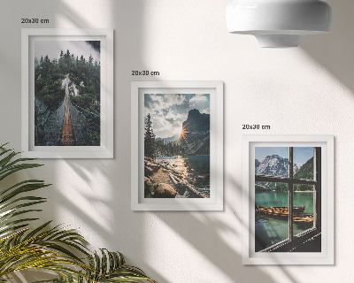 Set 3 tablouri Pod în lacul pădurii cu vedere la munte cu bărci