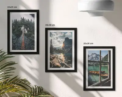 Set 3 tablouri cu pod în lacul pădurii, vedere la munte și bărci