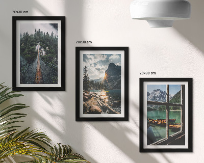 Set 3 tablouri Pod în lacul pădurii cu vedere la munte cu bărci
