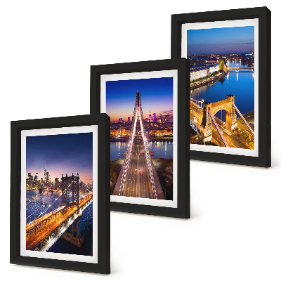 Set 3 tablouri Vederi nocturne ale orașelor cu poduri și râuri