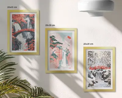 Set 3 tablouri cu cascade, poduri și copaci în diferite anotimpuri