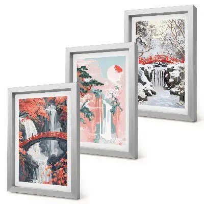Set 3 tablouri cu cascade, poduri și copaci în diferite anotimpuri