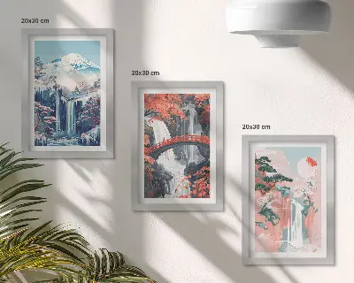 Galerie de perete cu peisaj montan, cascadă, pod și copaci înfloriți
