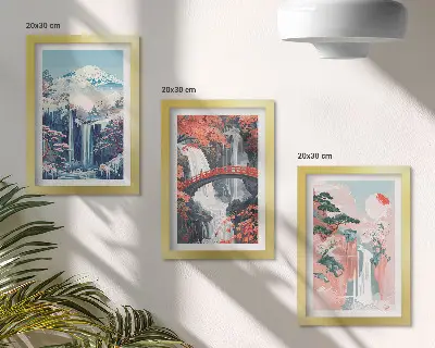 Galerie de perete cu peisaj montan, cascadă, pod și copaci înfloriți