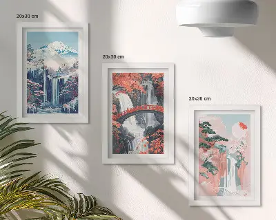 Galerie de perete cu peisaj montan, cascadă, pod și copaci înfloriți