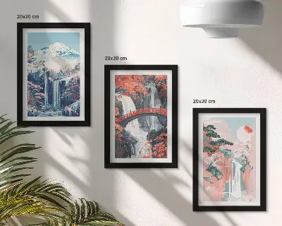 Galerie de perete cu peisaj montan, cascadă, pod și copaci înfloriți