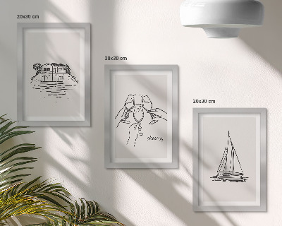 Set 3 tablouri Vederi ale casei lângă apă, pâine prăjită cu pahare, barcă cu pânze