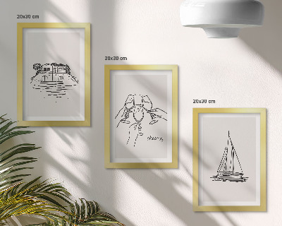 Set 3 tablouri Vederi ale casei lângă apă, pâine prăjită cu pahare, barcă cu pânze