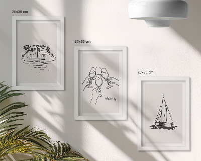 Set 3 tablouri Vederi ale casei lângă apă, pâine prăjită cu pahare, barcă cu pânze