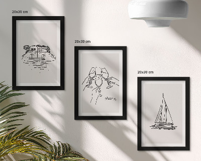 Set 3 tablouri Vederi ale casei lângă apă, pâine prăjită cu pahare, barcă cu pânze
