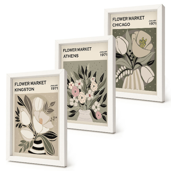 Set 3 tablouri Aranjamente florale în stil retro din diverse orașe
