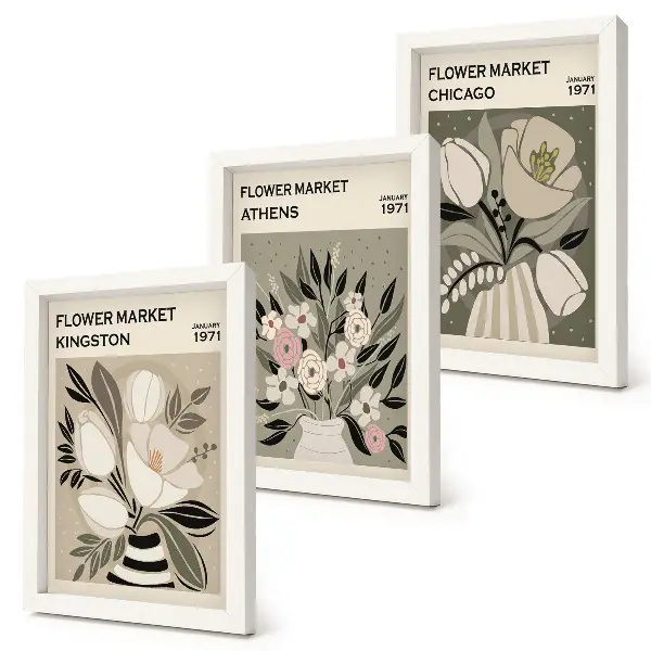Set 3 tablouri cu aranjamente florale în stil retro din diverse orașe