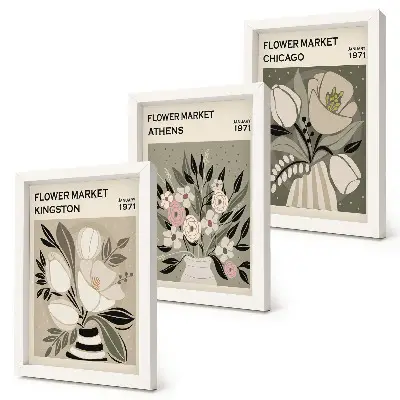 Set 3 tablouri cu aranjamente florale în stil retro din diverse orașe