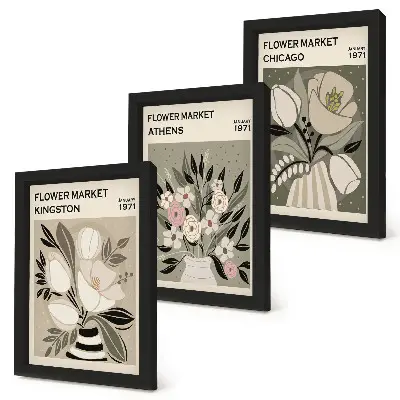 Set 3 tablouri cu aranjamente florale în stil retro din diverse orașe