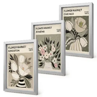 Set 3 tablouri cu aranjamente florale în stil retro din diverse orașe