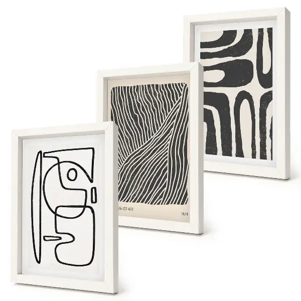 Galerie de perete cu modele abstracte reprezentând linii și texturi pe un fundal deschis
