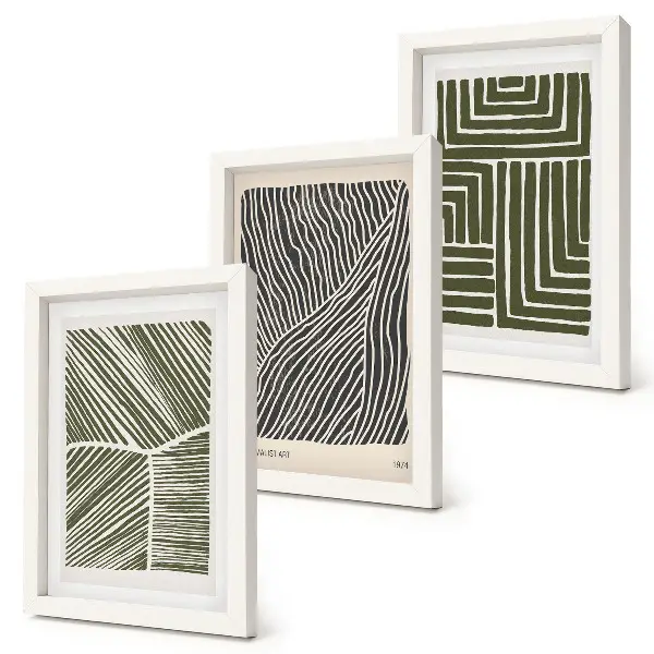 Set de 3 tablouri cu modele de linii și forme în nuanțe de verde