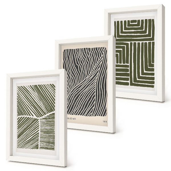Set 3 tablouri Modele de linii și forme în nuanțe de verde