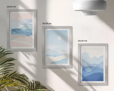 Galerie de perete cu peisaje montane în acuarelă nuanțe de albastru și roz