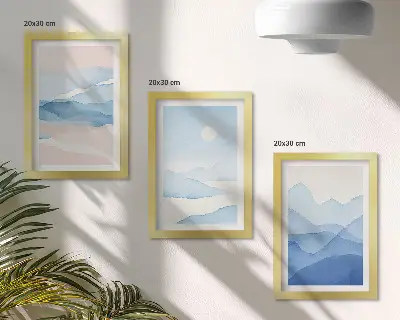 Galerie de perete cu peisaje montane în acuarelă nuanțe de albastru și roz