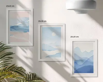 Galerie de perete cu peisaje montane în acuarelă nuanțe de albastru și roz