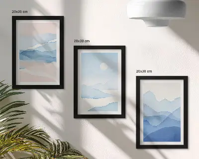 Galerie de perete cu peisaje montane în acuarelă nuanțe de albastru și roz