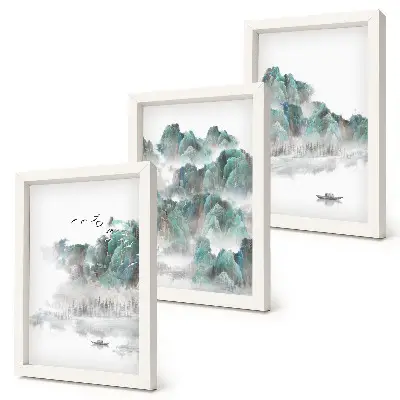 Set 3 tablouri cu peisaj montan în nori cu păsări și o barcă pe apă în stil japonez