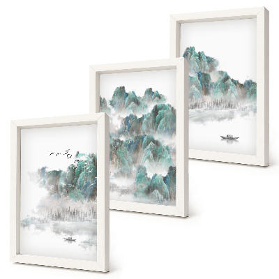 Set 3 tablouri Munți în nori cu păsări și o barcă pe apă, Japonia